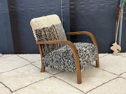 Boho-Chic Multicolor Textured Armchair with Wooden Frame