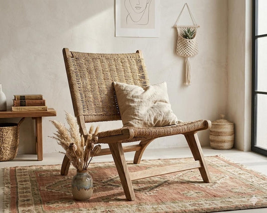 Handcrafted Walnut Wood Wicker Lounge Chair